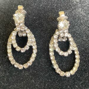 Vintage Crystal Double Hoop Drop Earrings - Clear Rhinestone Sparkle Clip On